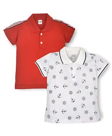 Kiwi 100% Cotton Pack of 2 Half Sleeves Solid &  Anchor  Printed Polo Neck Tees - Red & White