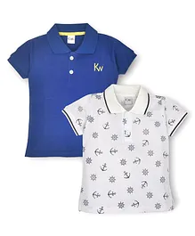 Kiwi 100% Cotton Pack of 2 Half Sleeves Solid &  Anchor  Printed Polo Neck Tees -  Blue & White