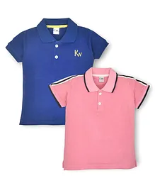 Kiwi 100% Cotton Pack of 2 Half Sleeves Solid & Side Tape Embellished  Polo Neck Tees - Blue & Pink
