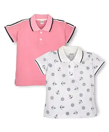 Kiwi 100% Cotton Pack of 2 Half Sleeves Solid &  Anchor  Printed Polo Neck Tees -  White & Pink