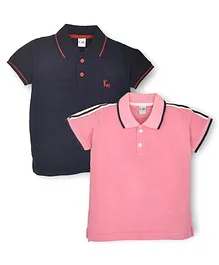 Kiwi 100% Cotton Pack of 2 Half Sleeves Solid & Side Tape Embellished  Polo Neck Tees - Navy Blue & Pink