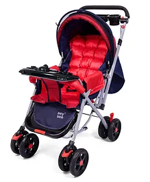 Baybee Infant Baby Pram Stroller with Food Tray 5 Point Safety Harness Adjustable Backrest 360° Swivel Wheel Large Storage Basket Reversible Handlebar (Red)