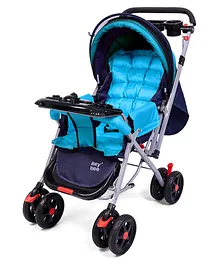 BeyBee Baby Stroller/Pram with Food Tray & Luggage Bag for 0 to 3 Years New Born/Toddler/Kid 5 Point Safety Adjustable Backrest 360 Swivel Wheel Large Storage Basket Reversible Handlebar (Blue)