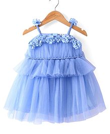 Babyhug Woven Sleeveless Shimmered Ruffled Party Frock with Floral Applique - Blue Babyhug Woven Sleeveless Shimmered Ruffled Party Frock with Floral Applique - Blue