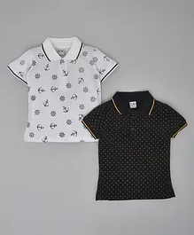 Kiwi Pack Of 2 100% Cotton Half Sleeves   Anchor & Polka Dots Printed Tees - White & Black