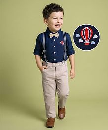 Mark & Mia Full Sleeves Solid Colour Shirt & Trouser Set with Hot Air Balloon Embroidery Bow & Suspender - Navy Blue & Beige Mark & Mia Full Sleeves Solid Colour Shirt & Trouser Set with Hot Air Balloon Embroidery Bow & Suspender - Navy Blue & Beige