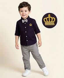 Mark & Mia Cotton Woven Full Sleeves Crown Embroidered Party Shirt & Trouser Set With Bow & Suspender - Wine Mark & Mia Cotton Woven Full Sleeves Crown Embroidered Party Shirt & Trouser Set With Bow & Suspender - Wine