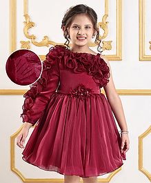Mark & Mia Frill Sleeves Solid Colour Party Frock with Floral Applique & Frill Detailing - Maroon Mark & Mia Frill Sleeves Solid Colour Party Frock with Floral Applique & Frill Detailing - Maroon