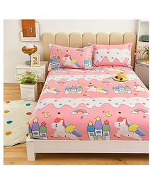 Filymore Kids Double bedsheet cute unicorn design for kids room 1 bedsheet with 2 pillow cover-Peach and White