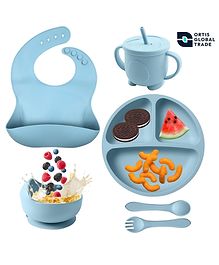 Ortis 6 Pcs Silicone Baby Feeding Set, BPA Free & Microwave Safe Dinner Tableware Kit - Feeding Bowl, Suction Plate, Cup, Spoon, Fork & Bib for Kids (blue) Ortis 6 Pcs Silicone Baby Feeding Set, BPA Free & Microwave Safe Dinner Tableware Kit - Feeding Bowl, Suction Plate, Cup, Spoon, Fork & Bib for Kids (blue)