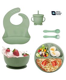 Ortis 6 Pcs Silicone Baby Feeding Set, BPA Free & Microwave Safe Dinner Tableware Kit - Feeding Bowl, Suction Plate, Cup, Spoon, Fork & Bib for Kids (green) Ortis 6 Pcs Silicone Baby Feeding Set, BPA Free & Microwave Safe Dinner Tableware Kit - Feeding Bowl, Suction Plate, Cup, Spoon, Fork & Bib for Kids (green)