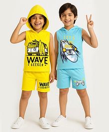 KUCHIPOO Cotton Blend Pack Of 2 Sleeveless Beach Theme & Skate Board Printed Hooded Tees & Coordinating Shorts Set - Blue & Yellow KUCHIPOO Cotton Blend Pack Of 2 Sleeveless Beach Theme & Skate Board Printed Hooded Tees & Coordinating Shorts Set - Blue & Yellow