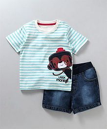 Tambourine Stripe & Monkey Applique T-Shirt & Shorts Set - Blue Tambourine Stripe & Monkey Applique T-Shirt & Shorts Set - Blue