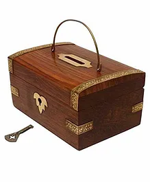 Desi Karigar Handcrafted Wooden Money Bank With Key - Brown