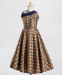 Maalka All Over Print Sleeveless Ethnic Dress - Grey & Orange Maalka All Over Print Sleeveless Ethnic Dress - Grey & Orange