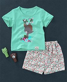 Here Deer Print Tee & Flower Print Shorts - Aqua Blue Cream Here Deer Print Tee & Flower Print Shorts - Aqua Blue Cream