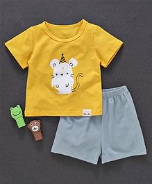 Here Printed Tee With Shorts - Yellow & Grey Here Printed Tee With Shorts - Yellow & Grey