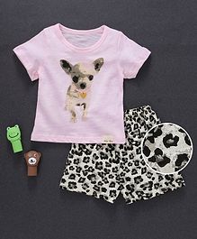 Here Dog Printed Tee And Shorts Set - Pink & Grey Here Dog Printed Tee And Shorts Set - Pink & Grey