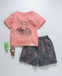 Here Angel Printed Tee And Shorts Set - Peach & Grey Here Angel Printed Tee And Shorts Set - Peach & Grey
