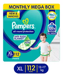 Pampers All round Protection Pants, Extra Large size baby diapers (XL) 112 Count, Lotion with Aloe Vera (Packaging May Vary)