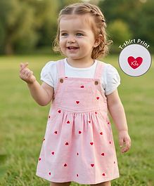 Babyoye Cotton Twill Woven Half Sleeves T-Shirt with Heart Embroidered Frock - Pink & White Babyoye Cotton Twill Woven Half Sleeves T-Shirt with Heart Embroidered Frock - Pink & White