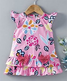 Dew Drops Flutter Sleeves Floral Frock With Bow Applique - Pink Dew Drops Flutter Sleeves Floral Frock With Bow Applique - Pink
