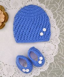 Buttercup From Knitting Nani Flower Applique Booties & Cap Set - Blue Buttercup From Knitting Nani Flower Applique Booties & Cap Set - Blue