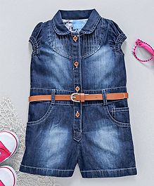 Chicklets Short Sleeves Collar Neck Jumpsuit - Blue Chicklets Short Sleeves Collar Neck Jumpsuit - Blue
