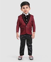 Dews Burry Printed Shirt With Bow Waistcoat Blazer & Bottom Set - Maroon Dews Burry Printed Shirt With Bow Waistcoat Blazer & Bottom Set - Maroon
