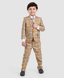 Dews Burry Shirt With Tie Checked Blazer & Bottom Set - Yellow Dews Burry Shirt With Tie Checked Blazer & Bottom Set - Yellow