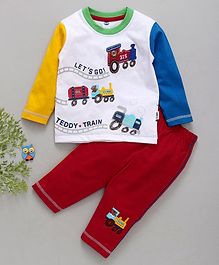 Teddy Full Sleeves Tee & Lounge Pant Train Print - Red White Teddy Full Sleeves Tee & Lounge Pant Train Print - Red White
