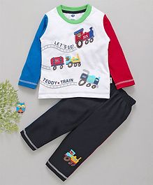 Teddy Full Sleeves Tee & Lounge Pant Train Print - White Navy Blue Teddy Full Sleeves Tee & Lounge Pant Train Print - White Navy Blue