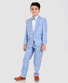 Dew's Burry Full Sleeves Checked 3 Piece Party Suit Set With Bow - Blue Dew's Burry Full Sleeves Checked 3 Piece Party Suit Set With Bow - Blue