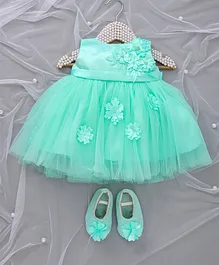Bluebell Sleeveless Party Wear Frock With Booties Floral Motif - Green Bluebell Sleeveless Party Wear Frock With Booties Floral Motif - Green