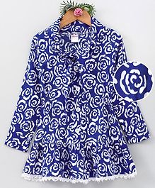 Curlous Roses Print Full Sleeves Dress - Blue Curlous Roses Print Full Sleeves Dress - Blue