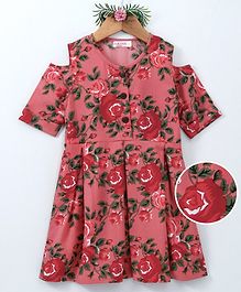Curlous Roses Printed Cold Shoulder Dress - Pink Curlous Roses Printed Cold Shoulder Dress - Pink