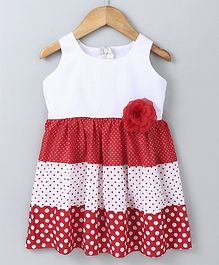 Polka Dots Sleeveless Three Tier Flower Detailed Dress - Red Polka Dots Sleeveless Three Tier Flower Detailed Dress - Red