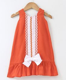 Polka Dots Sleeveless Single Ruffle Frock With Bow - Orange Polka Dots Sleeveless Single Ruffle Frock With Bow - Orange