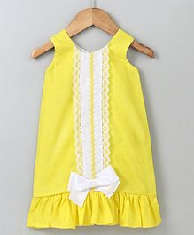 Polka Dots Sleeveless Single Ruffle Frock With Bow - Yellow Polka Dots Sleeveless Single Ruffle Frock With Bow - Yellow