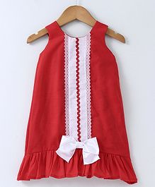Polka Dots Sleeveless Single Ruffle Frock With Bow - Red Polka Dots Sleeveless Single Ruffle Frock With Bow - Red