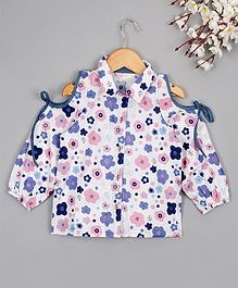 Budding Bees Floral Cold Shoulder Full Sleeves Shirt - White & Blue Budding Bees Floral Cold Shoulder Full Sleeves Shirt - White & Blue