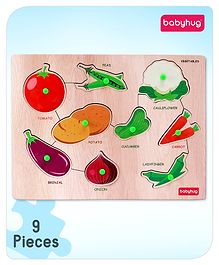 Babyhug Premium 9 pcs Wooden Board Vegetable puzzle for Toddlers| Montessori Educational and Learning Toy | Shape Matching Puzzle |Preschool Colorful Knob and Peg Puzzle| BIS Certified| 18+ months