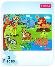 Babyhug Premium 9 pcs Wooden Board Wild Animals puzzle for Toddlers| Montessori Educational and Learning Toy | Shape Matching Puzzle |Preschool Colorful Knob and Peg Puzzle| BIS Certified| 18+ months