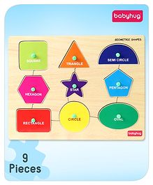 Babyhug Premium 9 pcs Wooden Board Geometric Shapes puzzle for Toddlers| Montessori Educational and Learning Toy | Shape Matching Puzzle |Preschool Colorful Knob and Peg Puzzle| BIS Certified| 18+ months