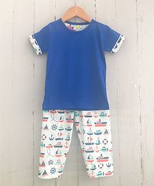 Frangipani Kids Boat Print Half Sleeves Night Suit - Blue Frangipani Kids Boat Print Half Sleeves Night Suit - Blue
