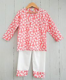 Frangipani Kids Bear Print Full Sleeves Night Suit - Peach & White Frangipani Kids Bear Print Full Sleeves Night Suit - Peach & White