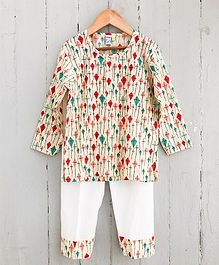 Frangipani Kids Kite Print Full Sleeves Night Suit - Beige & White Frangipani Kids Kite Print Full Sleeves Night Suit - Beige & White