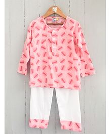 Frangipani Kids Macaroons Print Full Sleeves Night Suit - Pink & White Frangipani Kids Macaroons Print Full Sleeves Night Suit - Pink & White