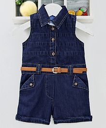 Chicklets Sleeveless Front Button Closure Jumpsuit With Belt - Dark Blue Chicklets Sleeveless Front Button Closure Jumpsuit With Belt - Dark Blue