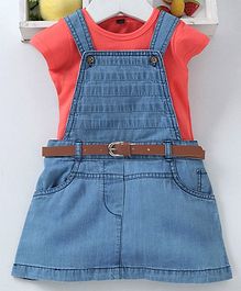 Chicklets Solid Short Sleeves Tee With Denim Dress - Peach & Blue Chicklets Solid Short Sleeves Tee With Denim Dress - Peach & Blue